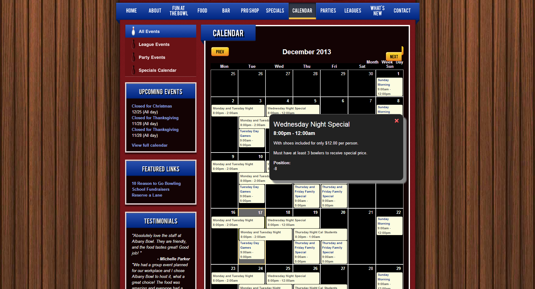 Albany Bowl website -- calendar with event categories