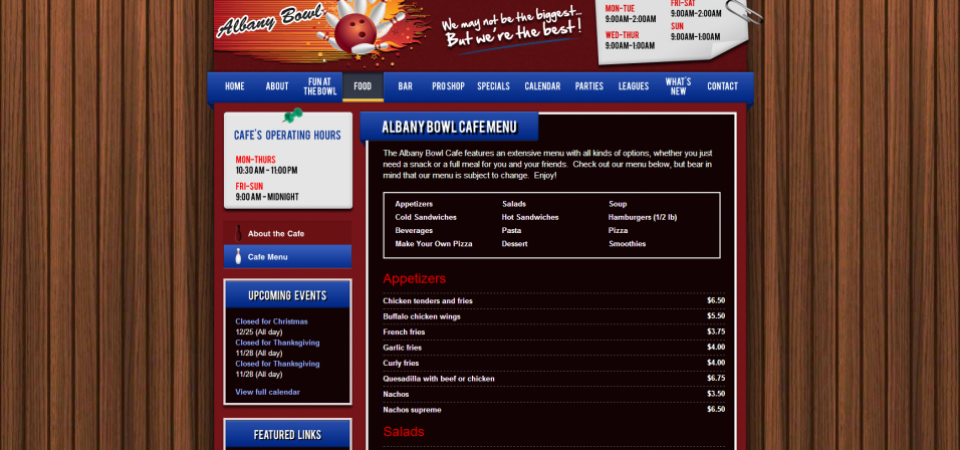 Albany Bowl website -- restaurant menu