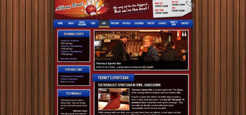 Albany Bowl website -- restaurant and bar mini-site