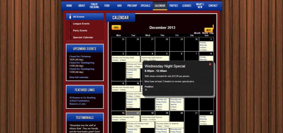 Albany Bowl website -- calendar with event categories