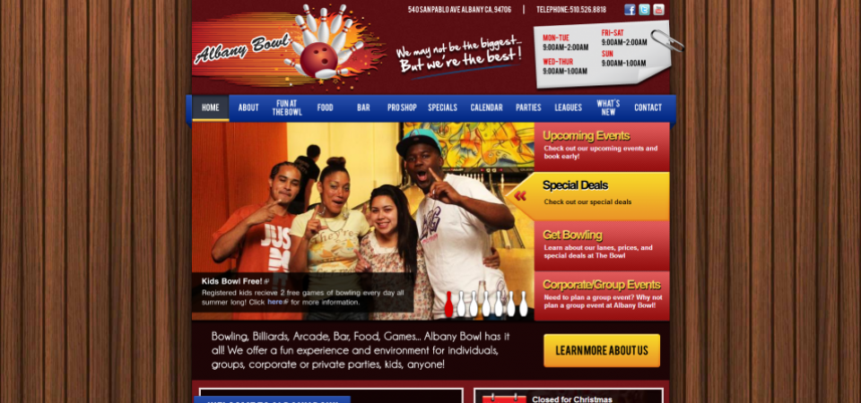 Albany Bowl website Home page -- featuring slideshow