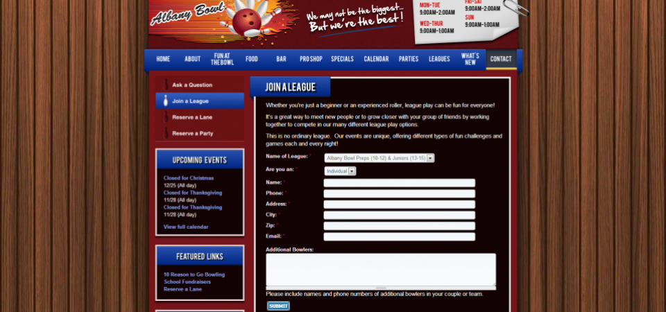 Albany Bowl website -- customized form for signups