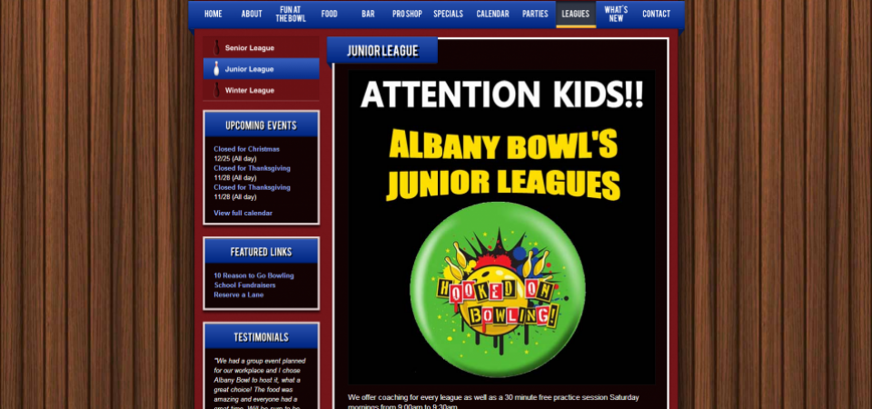Albany Bowl website -- About page for leagues