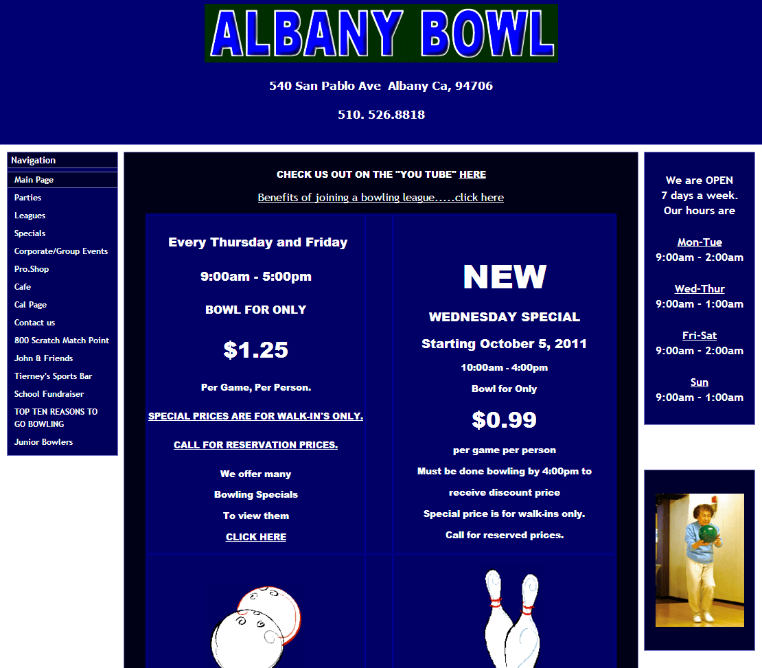 Albany Bowl website -- before redevelopment